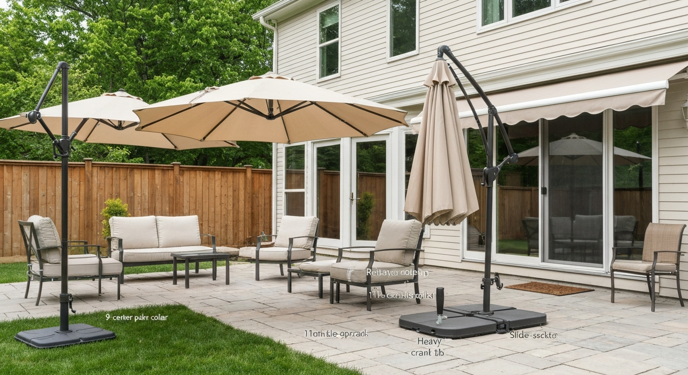 Backyard patio showing a push-up umbrella, a crank umbrella with handle in socket, a cantilever with heavy base, and a partially extended manual retractable awning — mechanisms clearly visible.