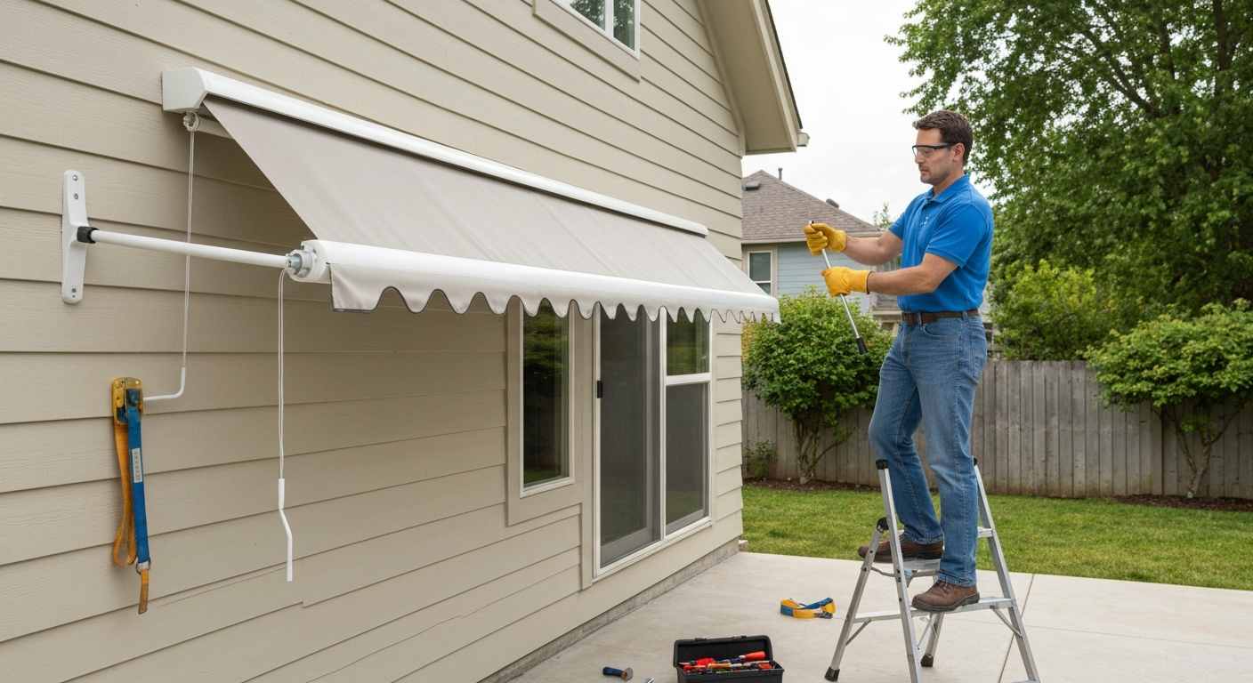 Homeowner on a ladder trying to crank a manual patio awning that won't retract; drive head cover removed and an arm restrained with a ratchet strap.