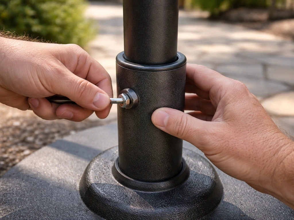 Close-up of hands tightening a patio umbrella pole sleeve bolt with a wrench or hex key.