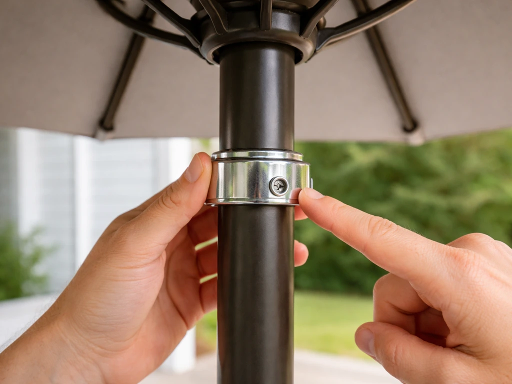 Close-up of hands inspecting an umbrella tilt collar set screw lock on the pole