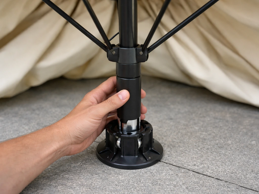 Hand reseating an umbrella pole into center hardware so the locking runner aligns properly.