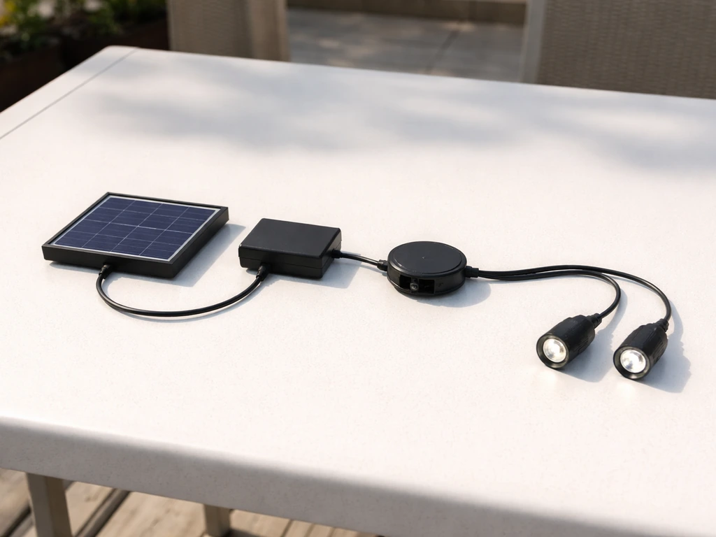 Minimal photo of a solar patio umbrella light system parts: panel, battery, wiring hub, and LED modules.