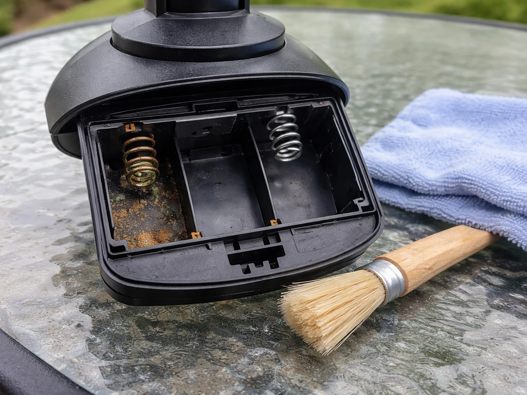 Close-up of a solar light battery compartment showing battery contacts and spring terminals being checked.