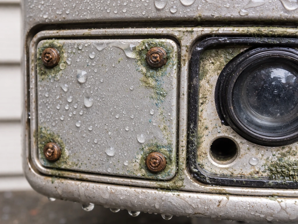 Close-up of corroded screws and gasket residue on an outdoor device cover from water ingress.