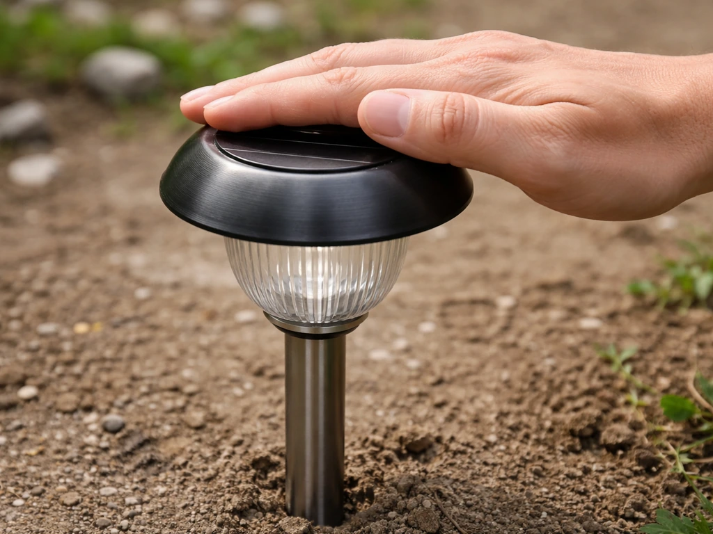 Hand covering a small solar panel on a garden light while observing the sensor behavior.