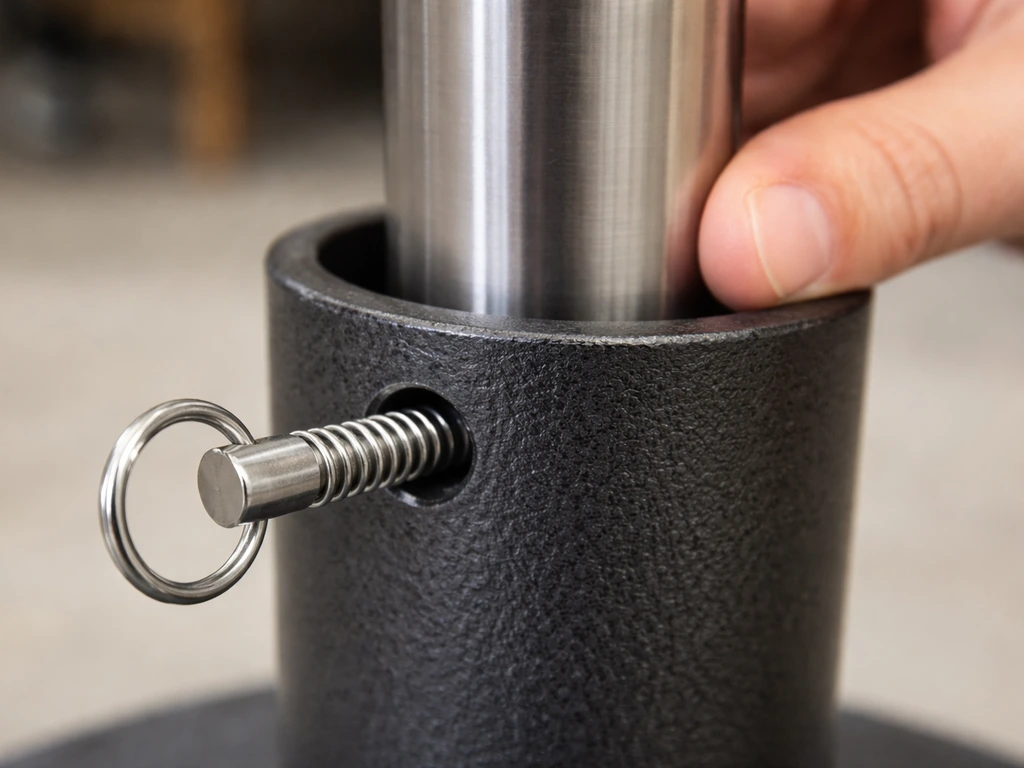 Spring-loaded locking pin inserted through umbrella base tube hole to secure the pole