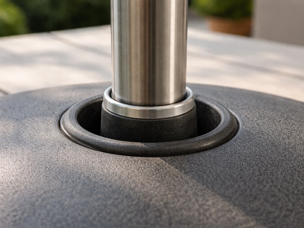 Umbrella base tube with a reducer sleeve installed to stop the pole rocking side to side