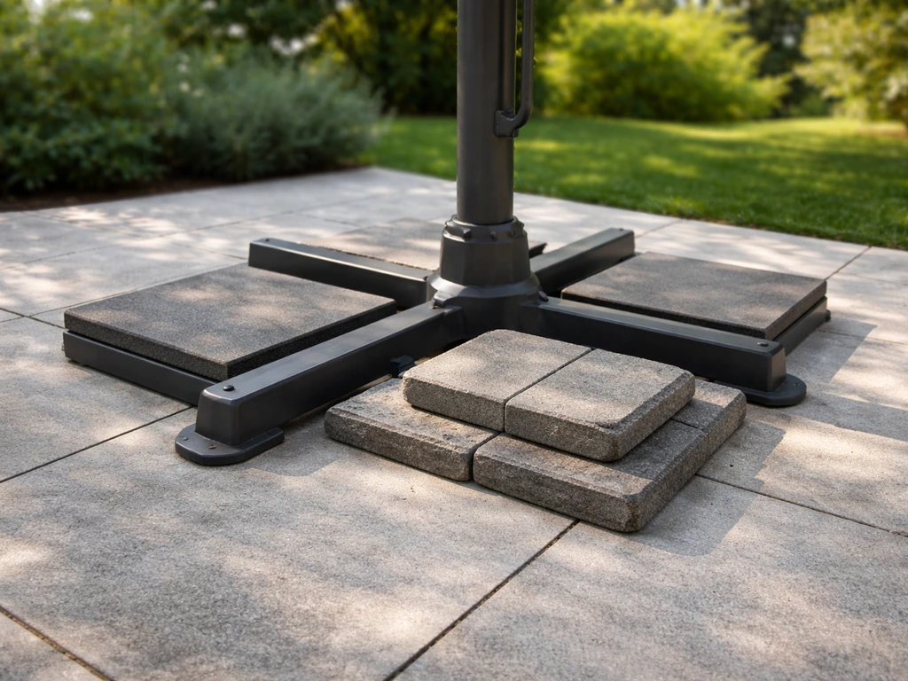 Offset cantilever umbrella base weighted with paving stones to prevent tipping on patio ground.