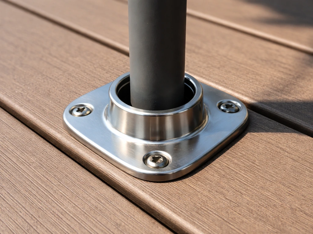 Bolt-down deck flange screwed into a deck with an umbrella pole lowered into the opening.