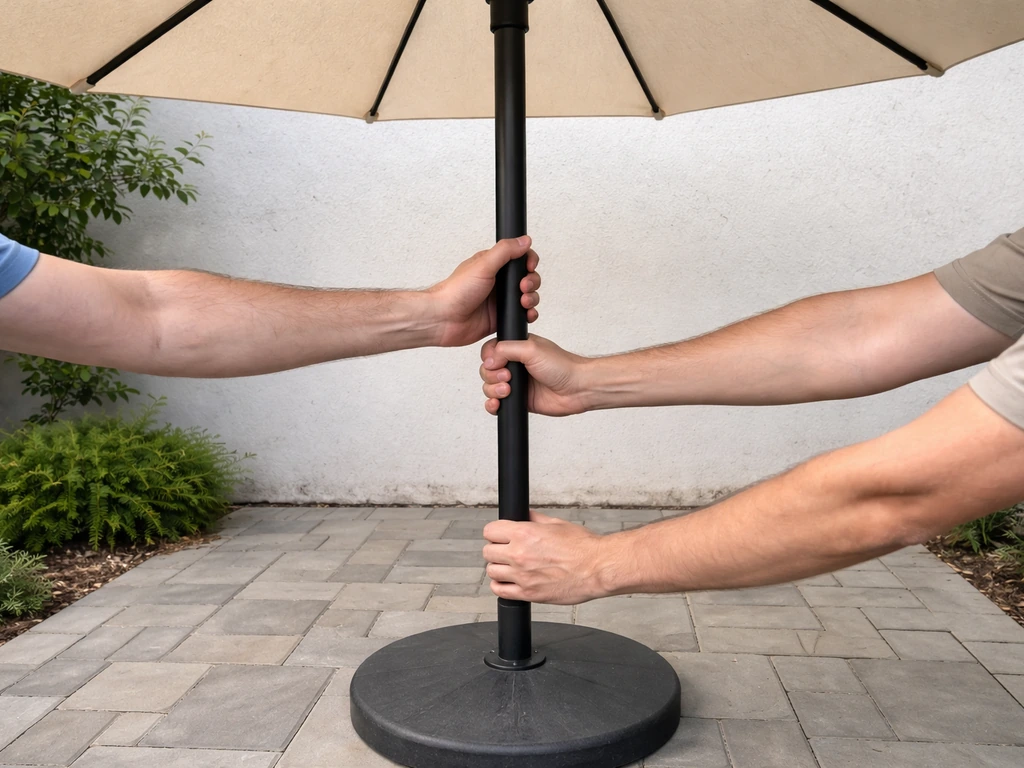 Person checks umbrella stability by pushing the pole mid-height; base stays still with no wobble.