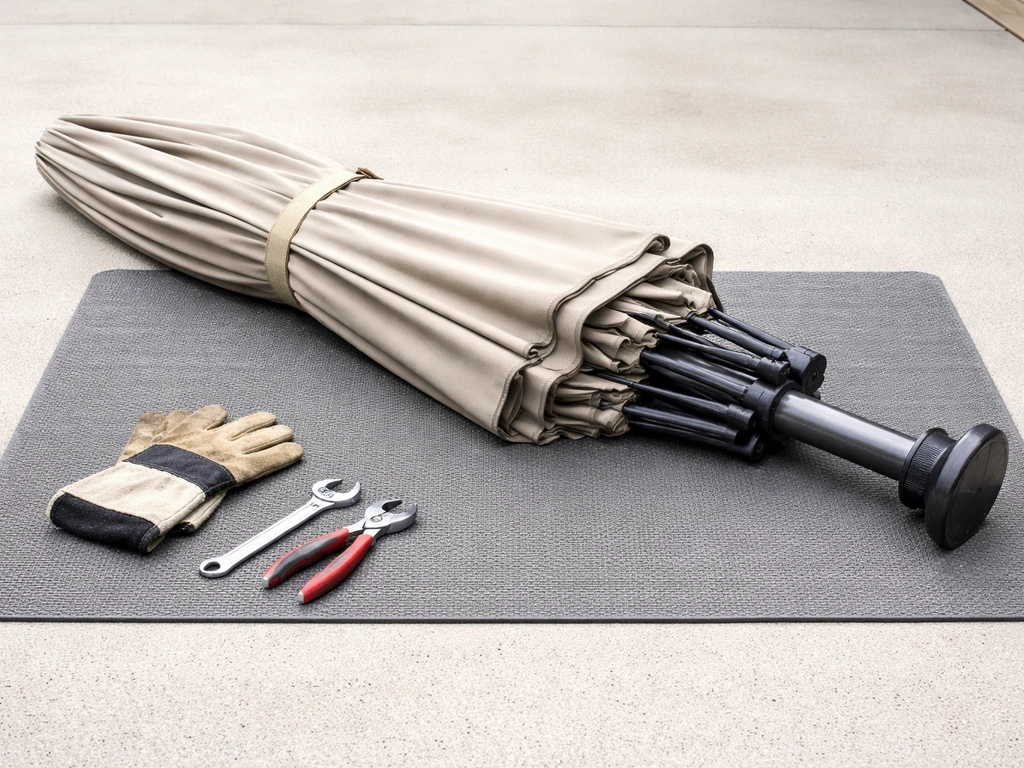 Closed patio umbrella on a stable work surface with tools nearby and visible pinch-point area, no people