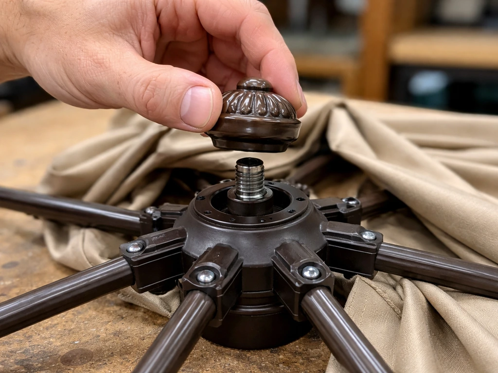 Hand removing the decorative finial from a patio umbrella center hub, exposing the mounting point.