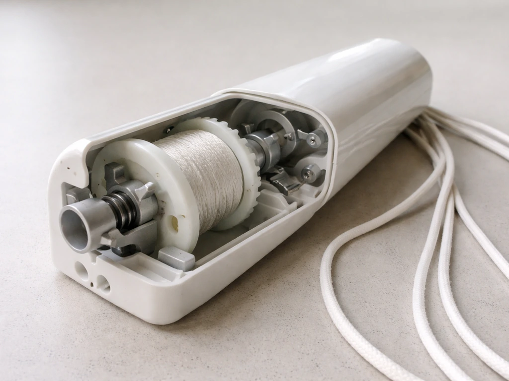 Close-up of opened window blind crank housing showing internal cord spool and tilt mechanism.
