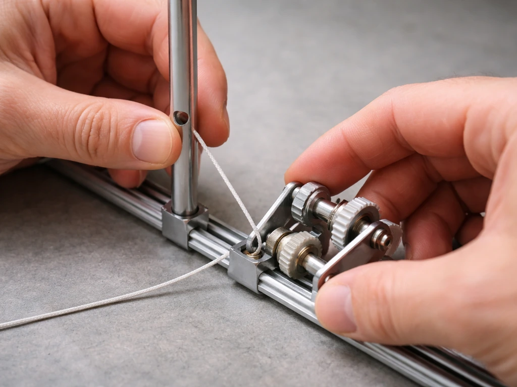 Closeup of a hand threading a lift cord through a pole and aligning crank mechanism parts during reassembly.