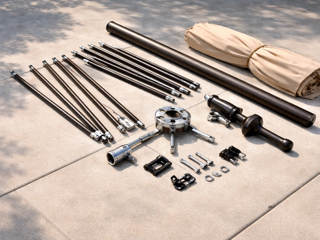 Patio umbrella parts and hardware laid out on a flat surface for easy identification