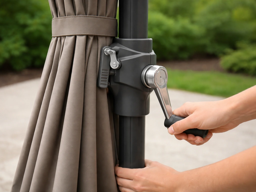 Person’s hands locking a crank-lift patio umbrella, canopy closed, safe sequence shown