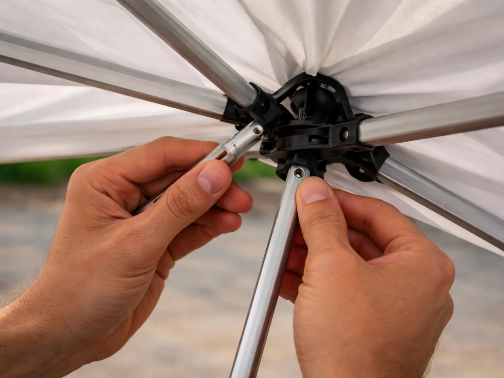 Close-up of a popped canopy rib strut being reseated onto a runner ring pin, hands reseating it