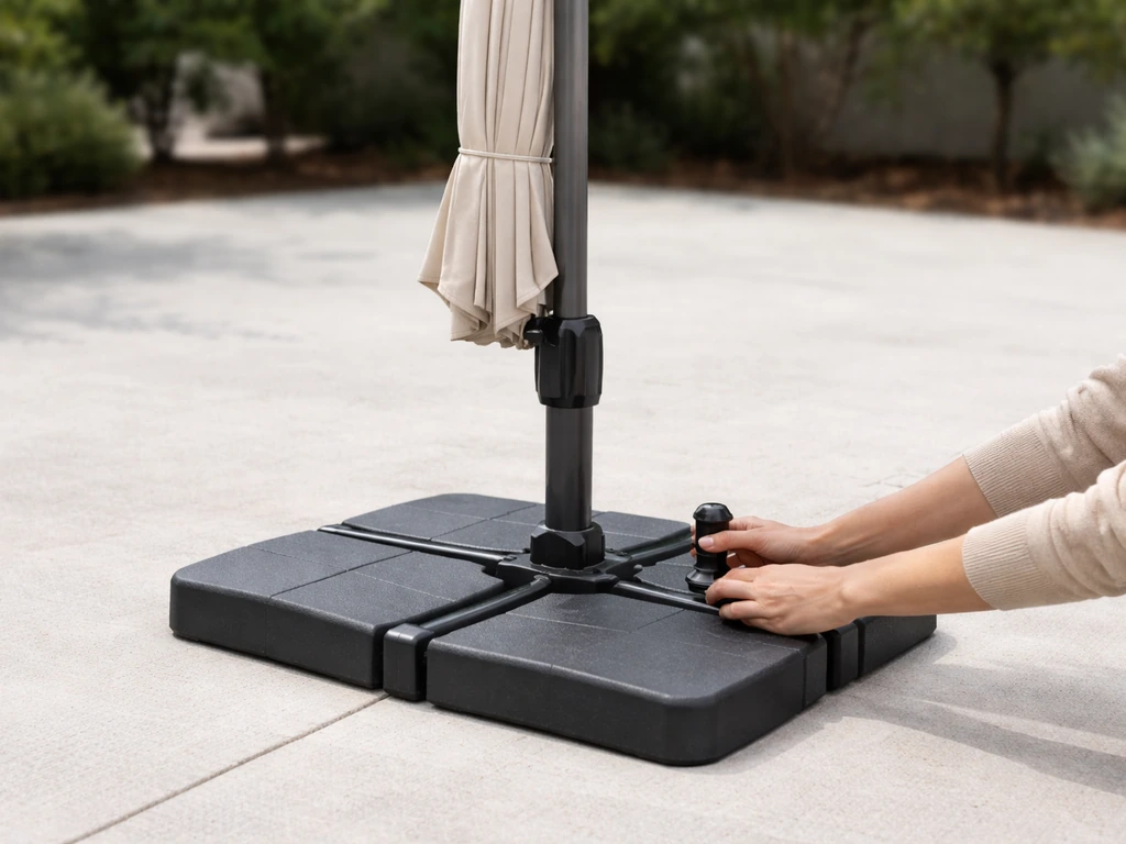 Close view of a stowed leaning umbrella with legs flat and locking points engaged on a patio floor