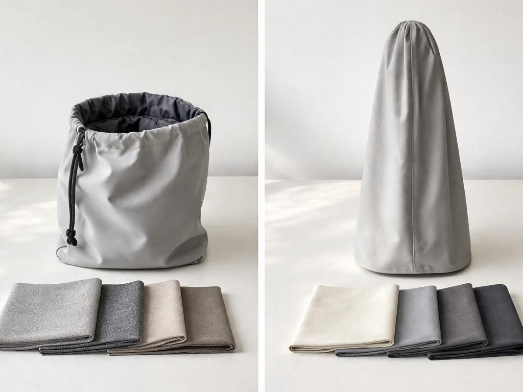 Fabric swatches and two umbrella cover styles—storage bag and full cover—laid out side by side