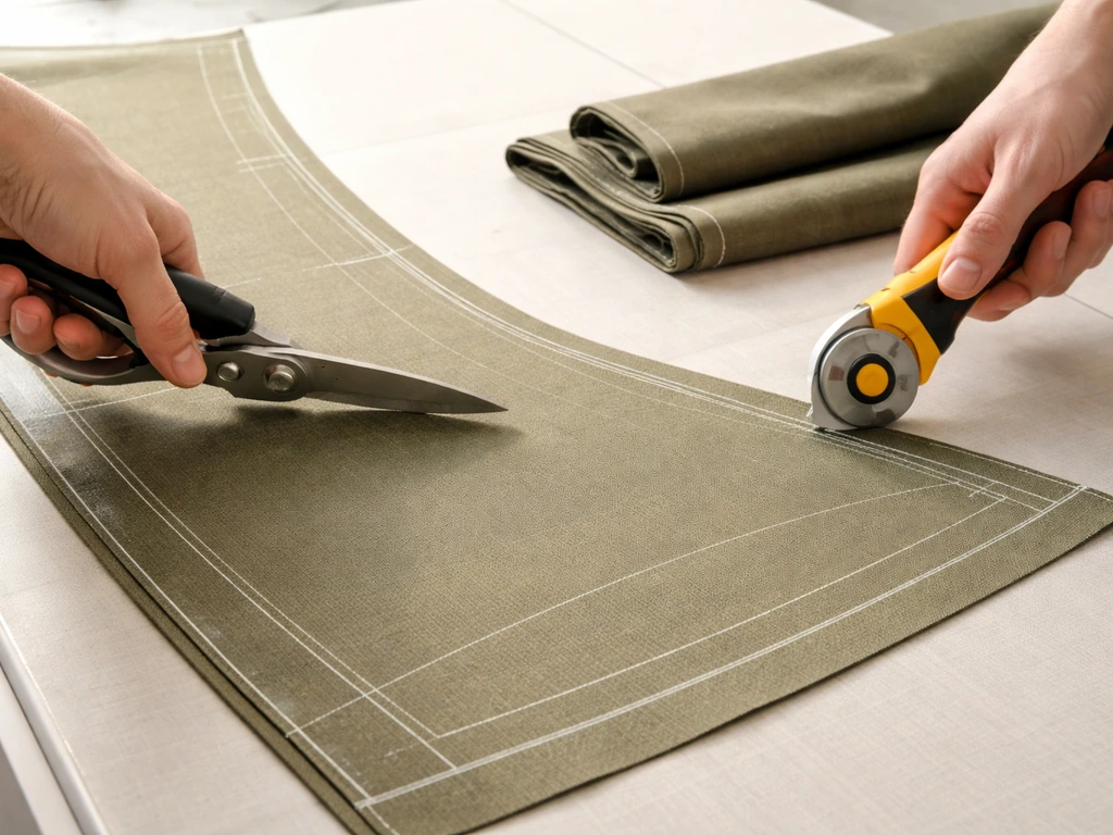 Hands cutting a cylinder pattern from outdoor fabric with shears and a rotary cutter on a table.