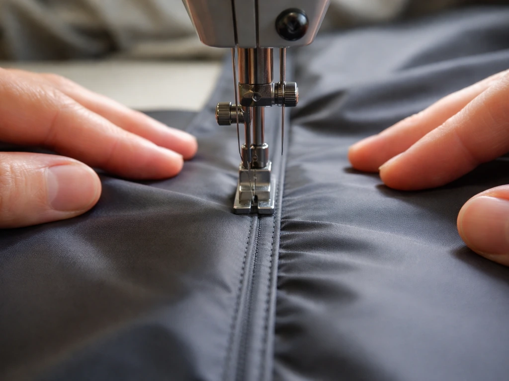 Close-up of folded raw edges being sewn into a flat-felled seam on an umbrella cover fabric.