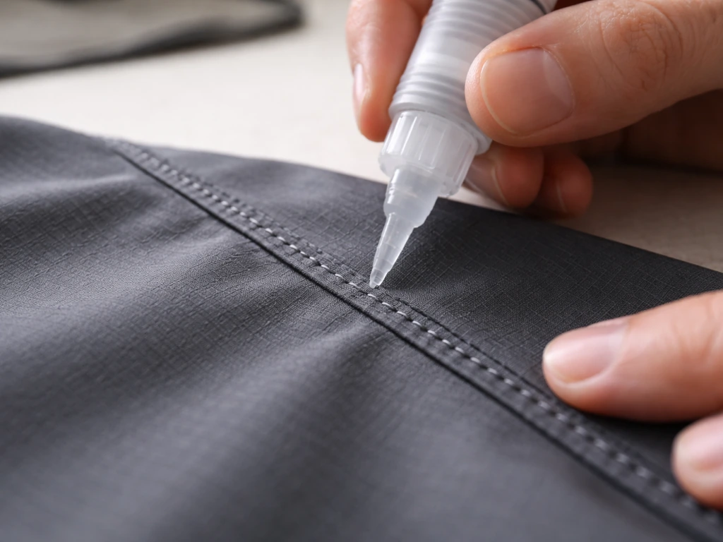 Hands applying clear seam sealer along a stitched waterproof fabric seam on a clean work surface.