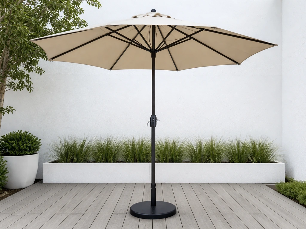 Open patio umbrella over a deck with pole base and tilt hardware clearly visible