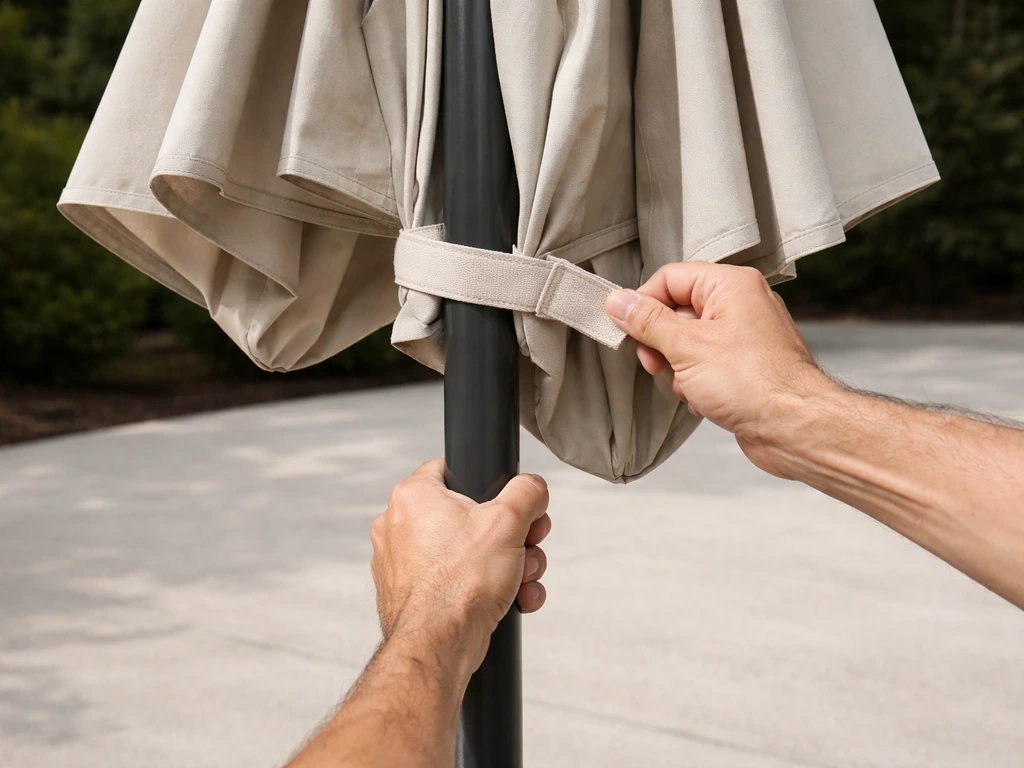 Hands removing the canopy tie and opening a crank-style patio umbrella safely, canopy lifting from the base.
