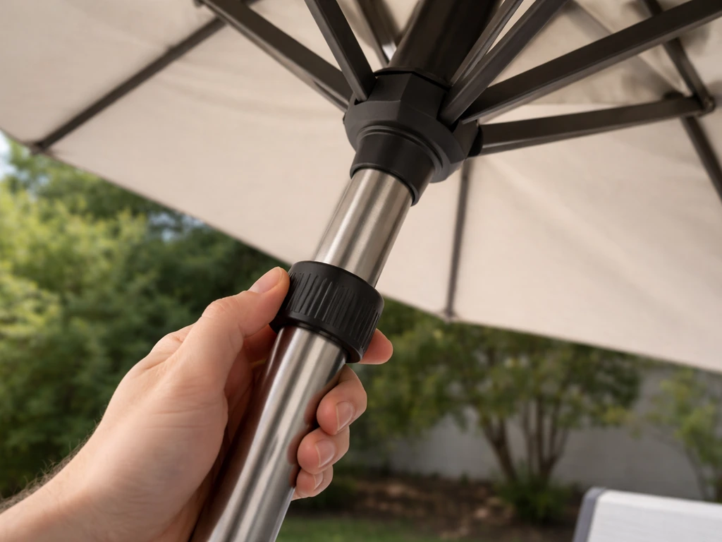 Hand adjusting a center-pole umbrella tilt collar, shifting the umbrella angle with canopy open.