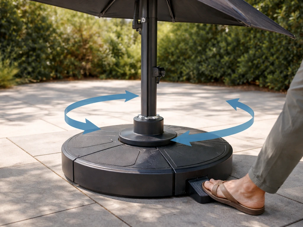 Cantilever umbrella base rotating smoothly as sunlight shifts, foot pedal/base collar visible beneath the mast.