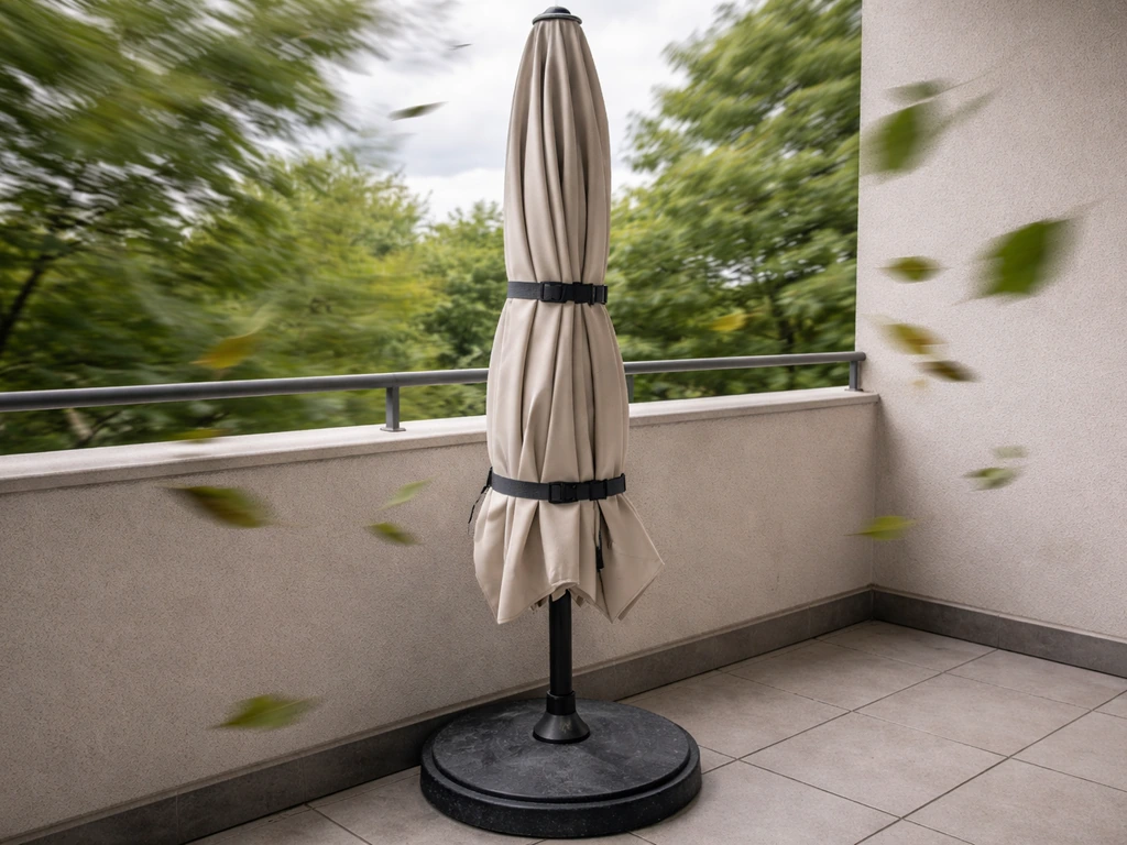 Closed patio umbrella secured with tie straps during a windy moment on a simple patio.
