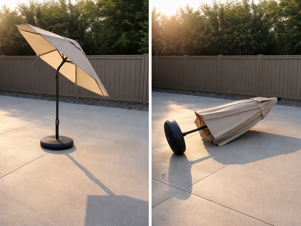 Patio umbrella intentionally tilted to block low sun beside another fallen, unstable umbrella position.
