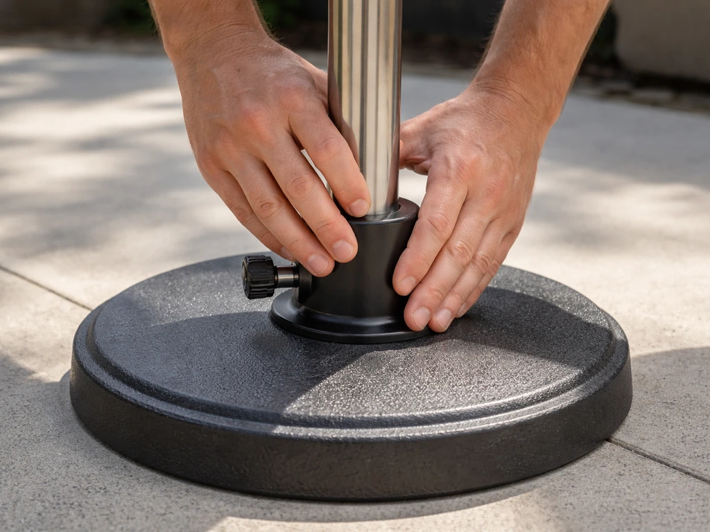 Hands steady a patio umbrella pole in a stabilized base before touching the tilt mechanism.