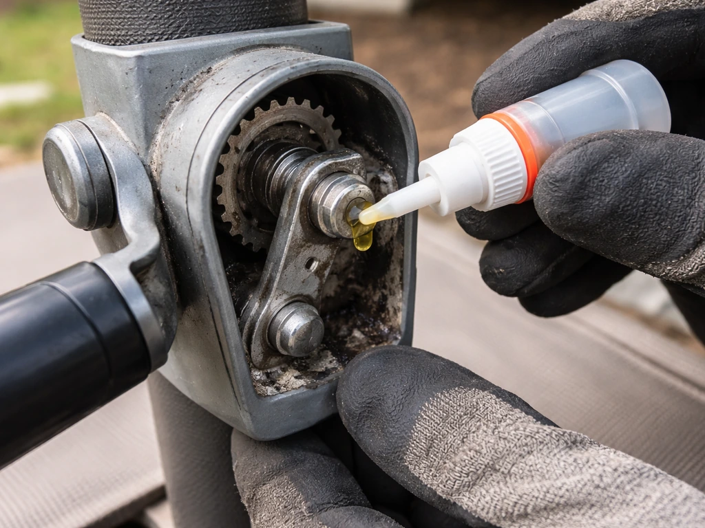 Close-up of a crank tilt mechanism with debris and lubricant being applied carefully on the gear housing.