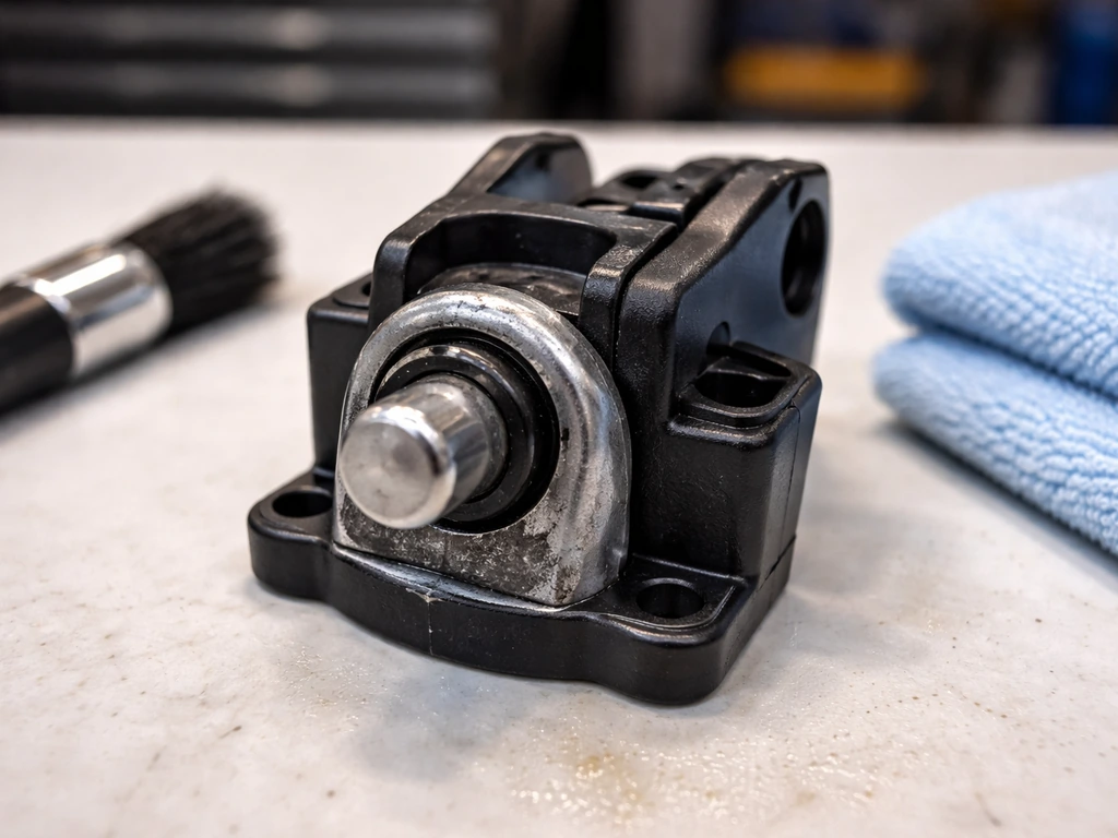 Close-up of a stuck push-button tilt mechanism and pin sleeve on a workbench with tools nearby.