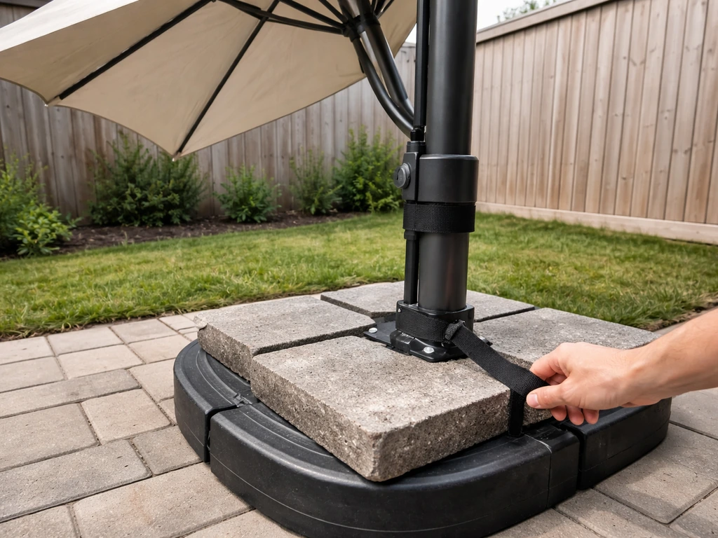 Tilted umbrella with weighted base and a hand checking the alignment and tie/locking strap.