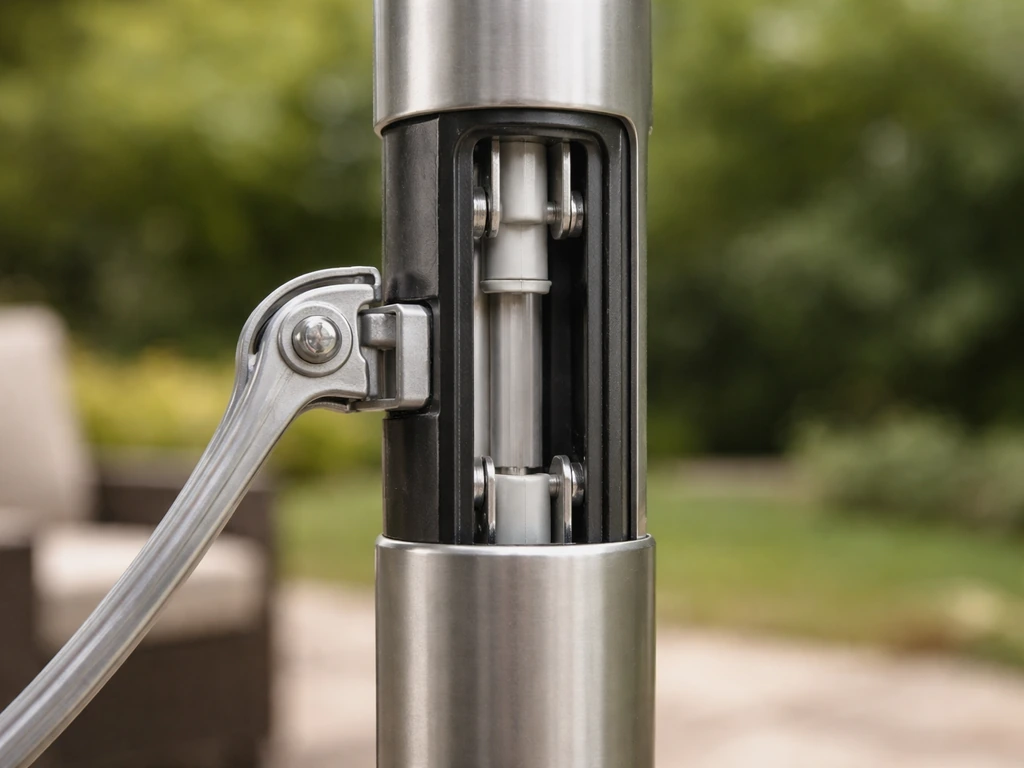 Close-up of a manual push-up patio umbrella mechanism showing the sliding hub and inner track