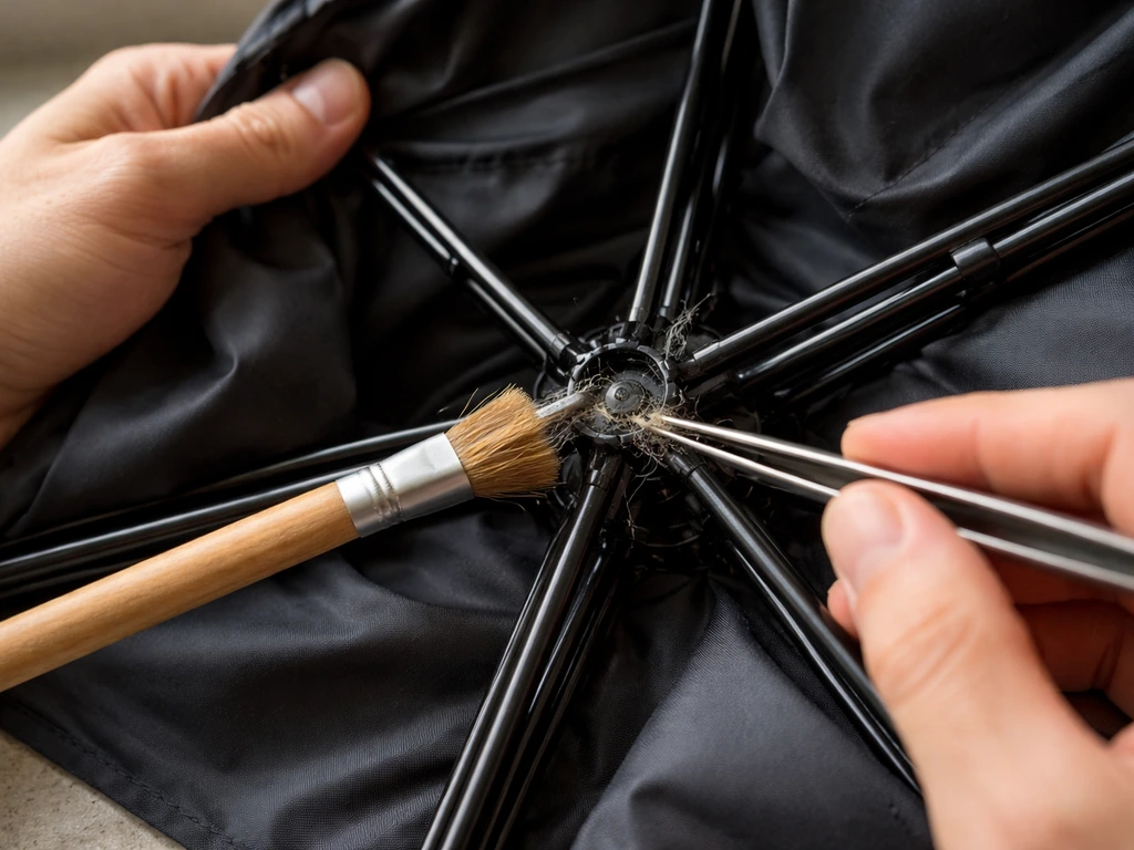 Close-up of hands cleaning umbrella hub channel to free trapped fabric and restore opening.