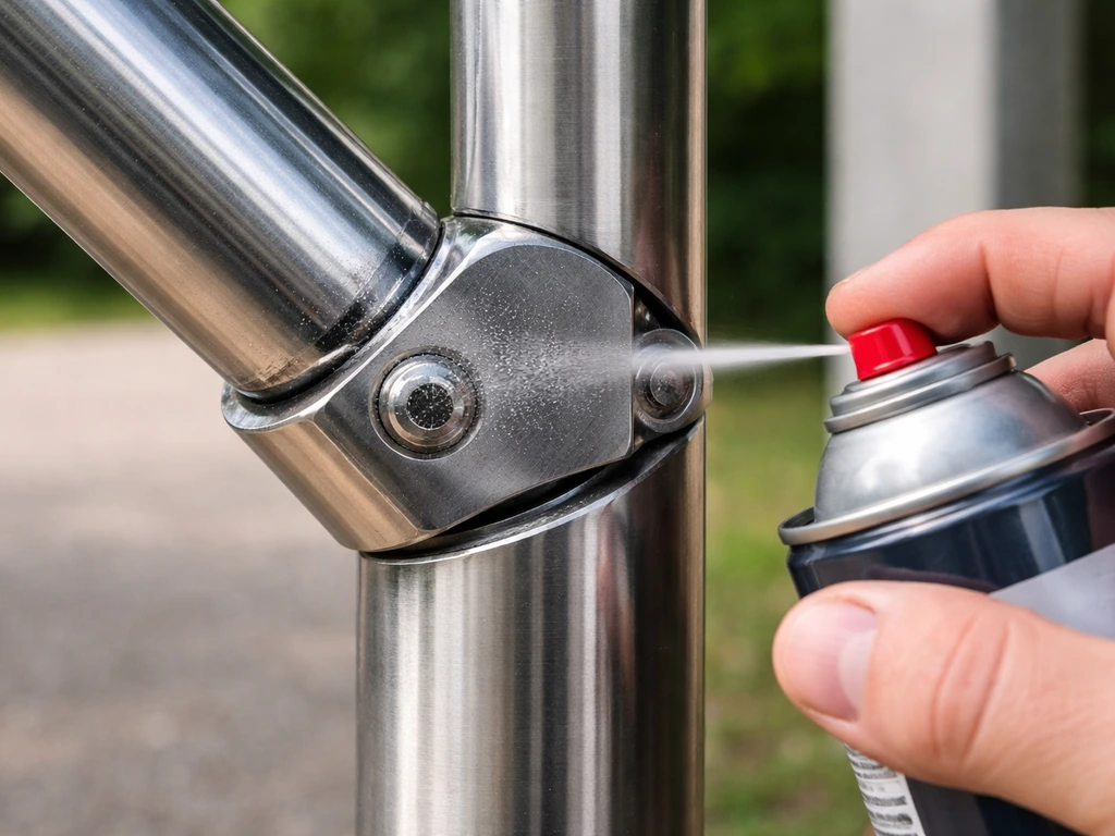 Hand spraying silicone lubricant onto a metal sliding pole and hub channel contact points.