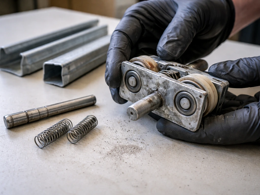 Gloved hands inspecting hub/runner hardware, latch pin, springs, and track ribs on a clean workbench.