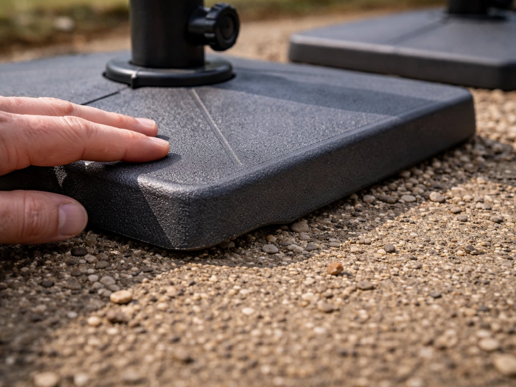 Close-up of a patio umbrella base being checked for rocking on uneven ground, sand/gravel visible at the base edge.