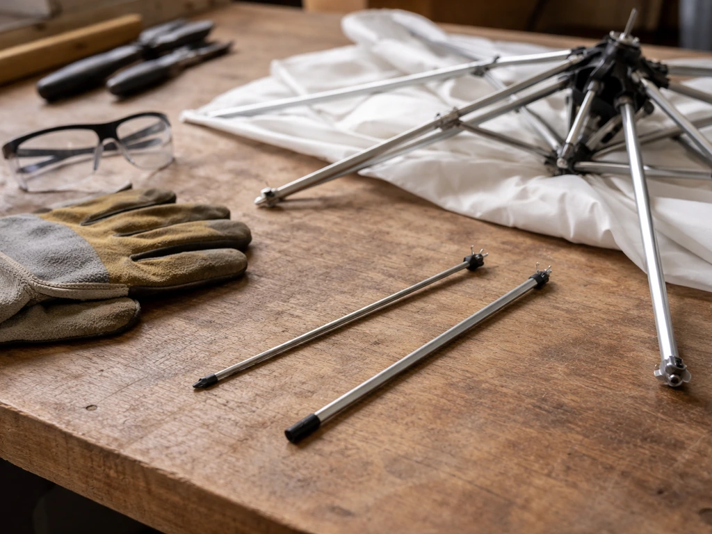Umbrella frame on a workbench with a damaged rib removed and a replacement rib staged beside it.