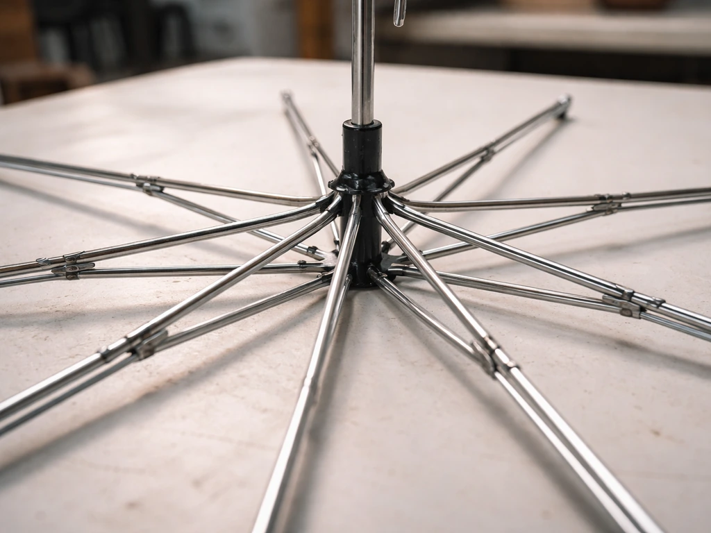Open umbrella frame on a workbench showing corrected rib alignment in natural light.