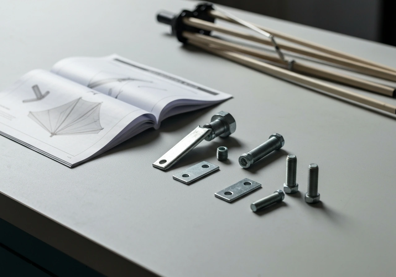 Umbrella hardware kit with bolts and brackets laid out on a workbench beside an open manual.