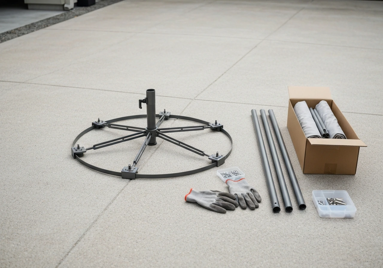 Connected umbrella base frame on the ground with pole pieces staged beside an open box and tools.