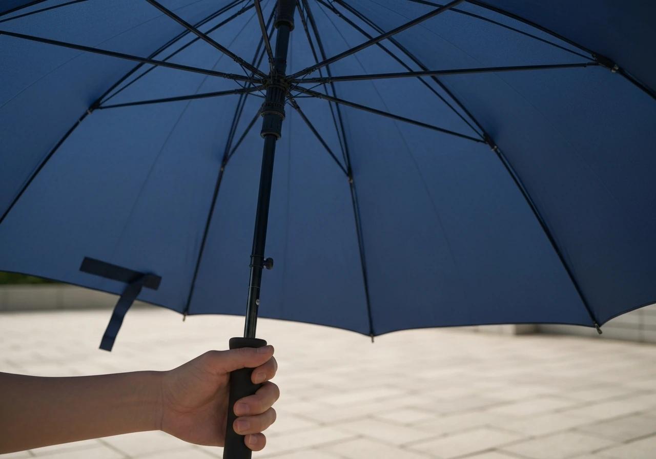 A hand turns the crank to open a Napoli-style umbrella, with the tilt adjustment point visible.