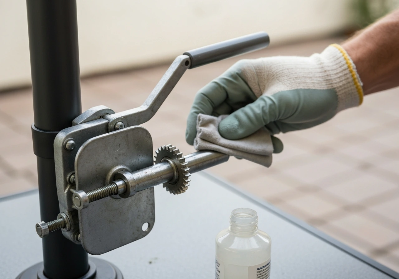 Close-up of a patio umbrella crank mechanism being wiped and readied for lubrication to fix stiffness.
