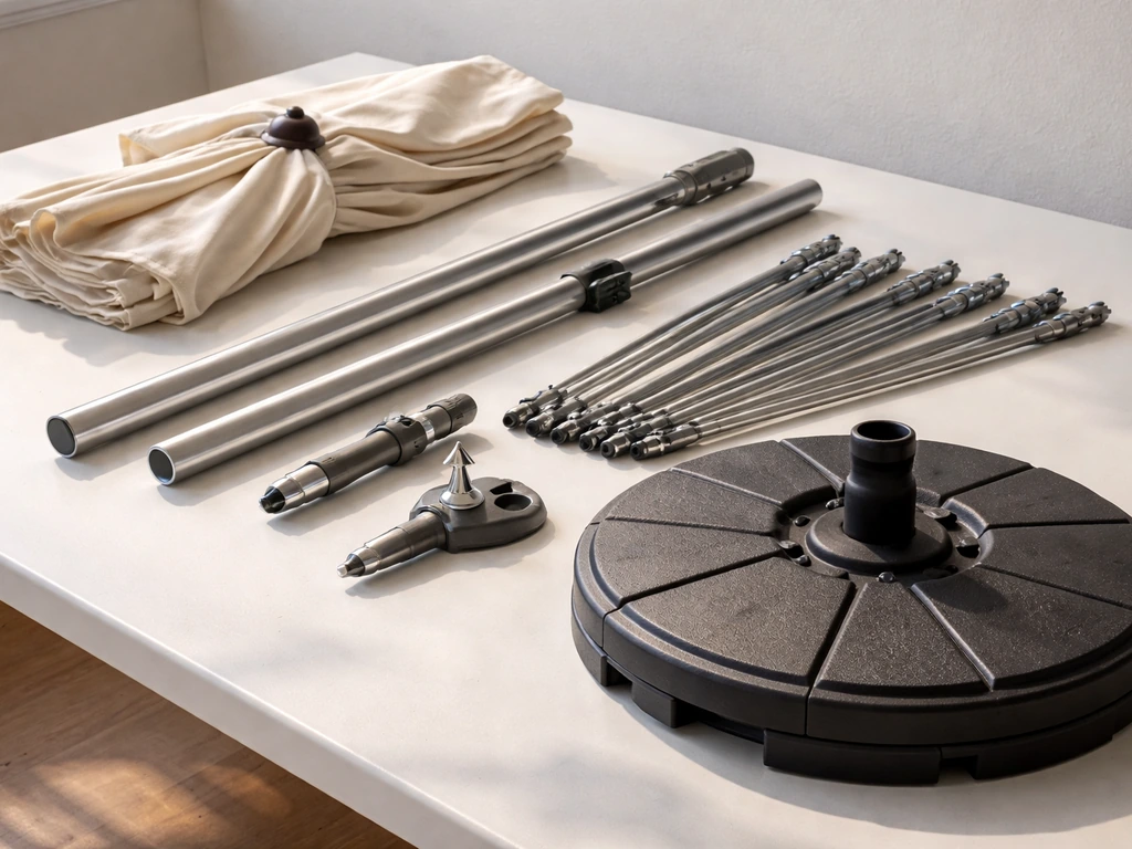 Disassembled umbrella parts neatly laid out on a clean table for pre-assembly checks.