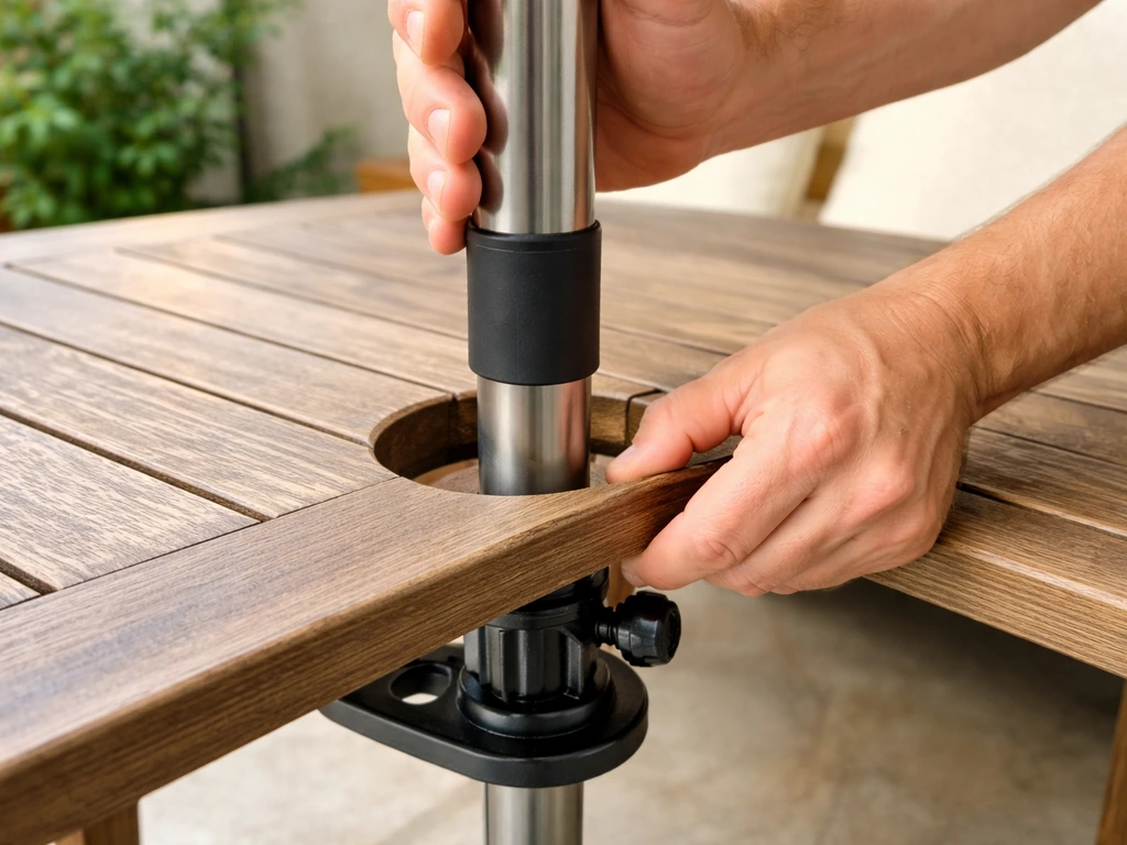 Hands lowering a center-pole market umbrella through a patio table hole, tightening the underside clamp.