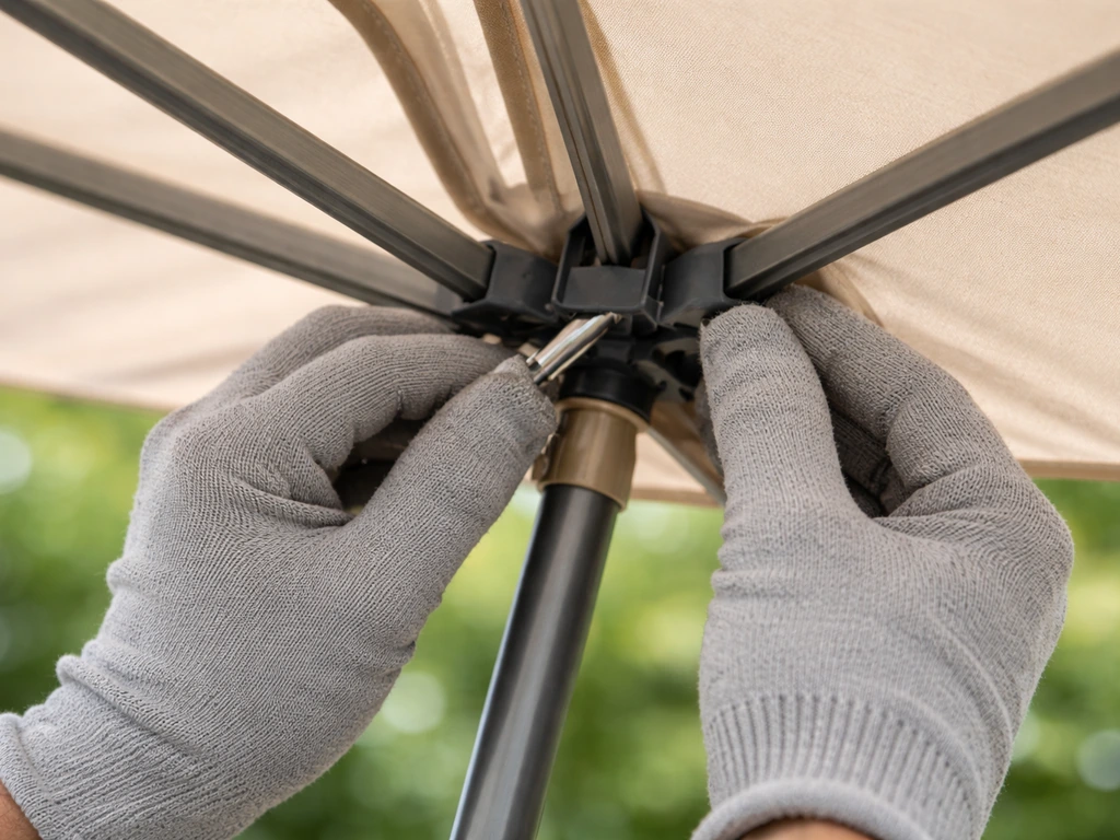 Close-up of an umbrella canopy rib partially mis-seated in the sleeve, then shown properly aligned without force.